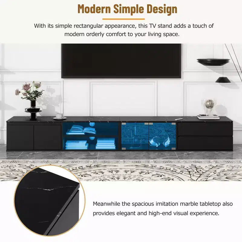 Meuble TV LED contrôlé par application pour téléviseurs jusqu'à 105" avec portes en verre trempé