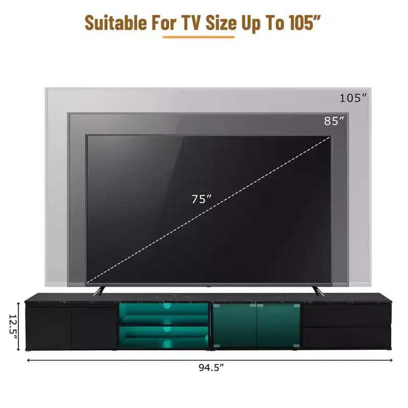 Meuble TV LED contrôlé par application pour téléviseurs jusqu'à 105" avec portes en verre trempé