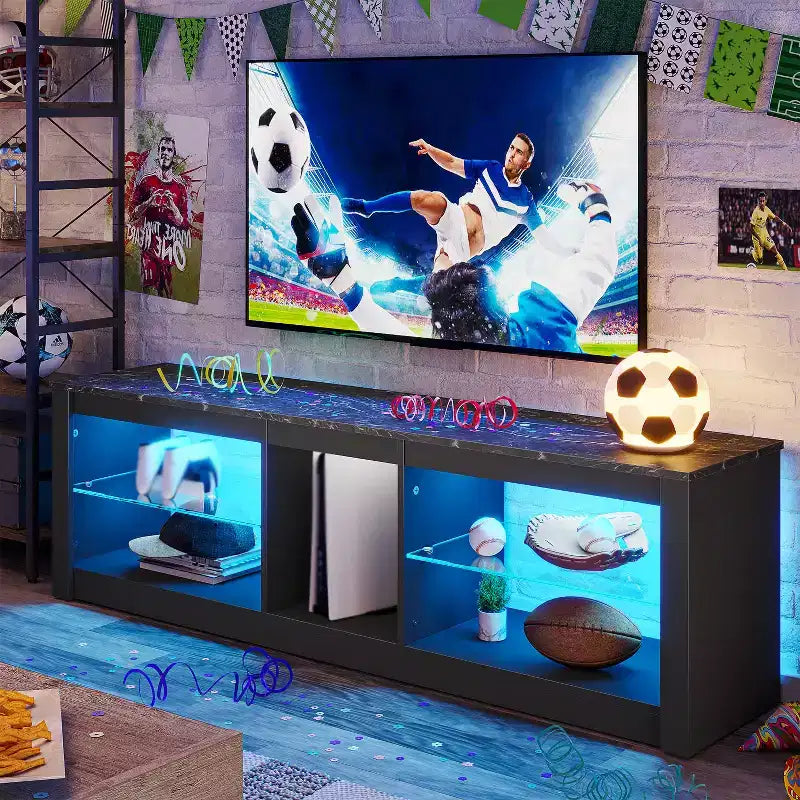 Meuble TV de jeu 55" avec lumières LED RGB et étagères en verre – Convient aux téléviseurs jusqu'à 65"