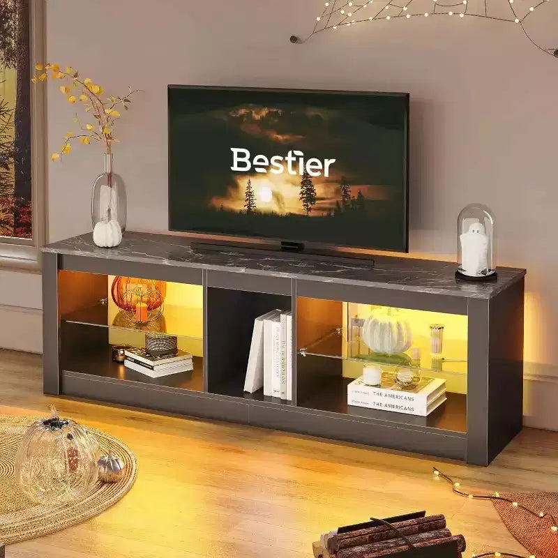 Meuble TV de jeu 55" avec lumières LED RGB et étagères en verre – Convient aux téléviseurs jusqu'à 65"