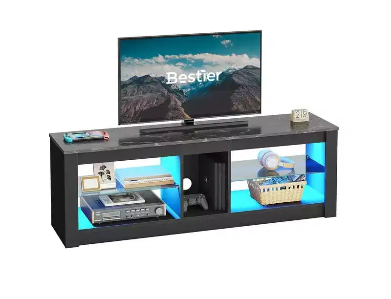 Meuble TV de jeu 55" avec lumières LED RGB et étagères en verre – Convient aux téléviseurs jusqu'à 65"