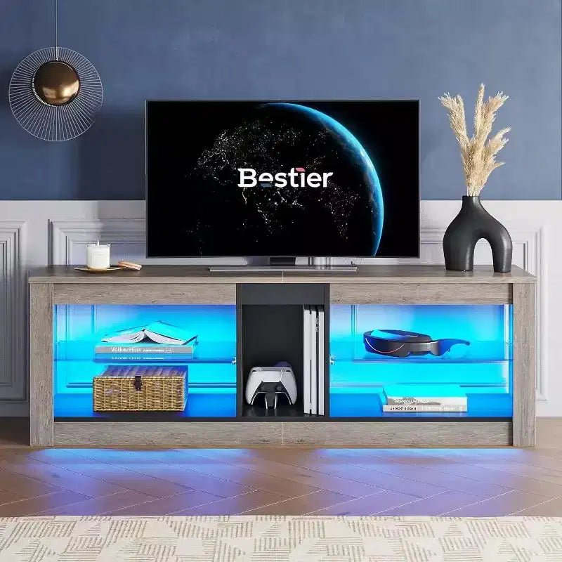 Meuble TV de jeu 55" avec lumières LED RGB et étagères en verre – Convient aux téléviseurs jusqu'à 65"