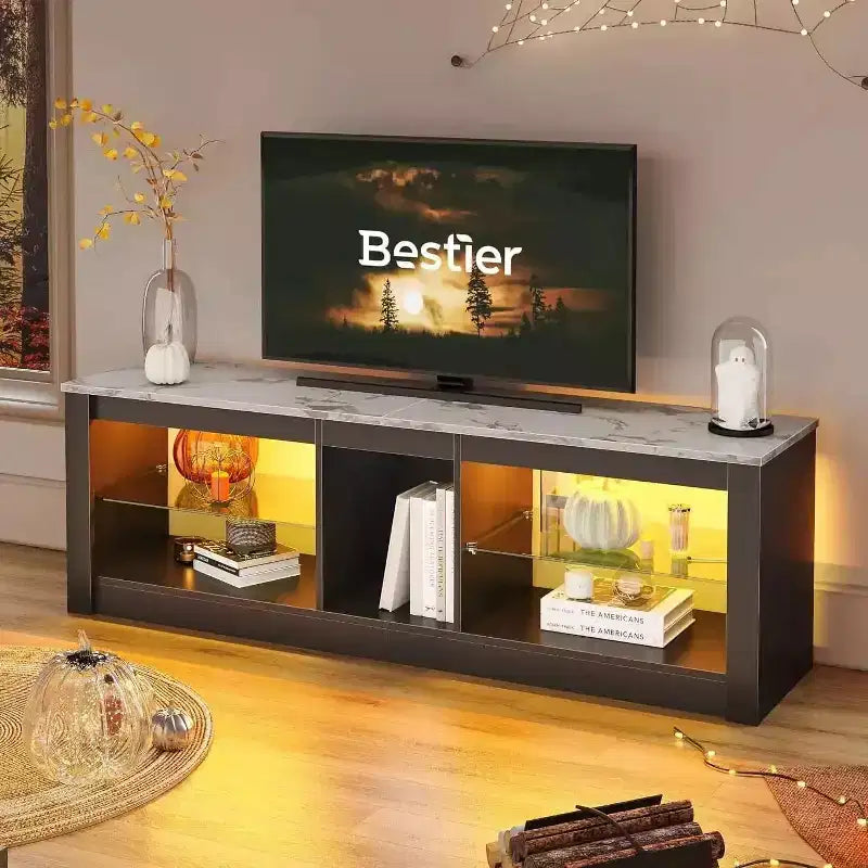 Meuble TV de jeu 55" avec lumières LED RGB et étagères en verre – Convient aux téléviseurs jusqu'à 65"