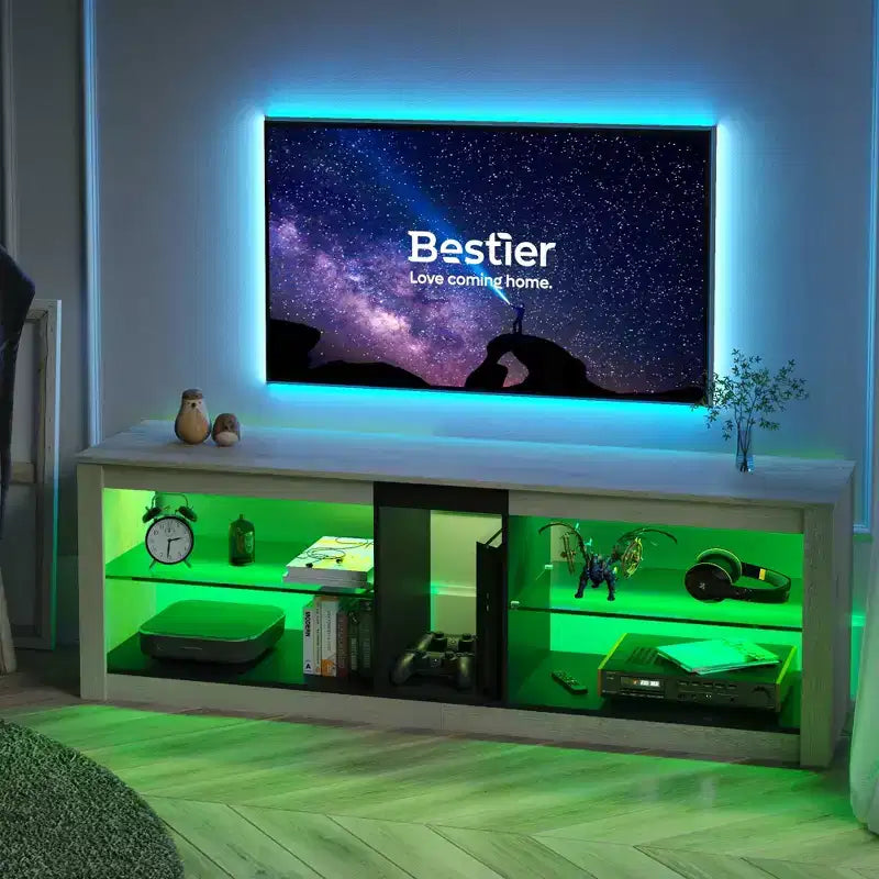 Meuble TV de jeu 55" avec lumières LED RGB et étagères en verre – Convient aux téléviseurs jusqu'à 65"