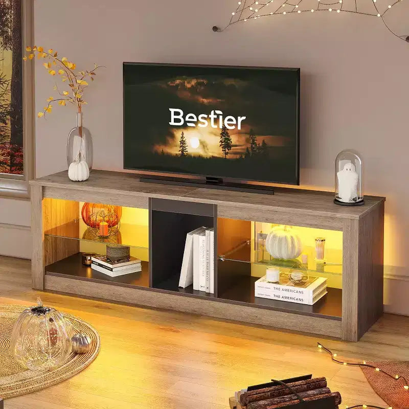 Meuble TV de jeu 55" avec lumières LED RGB et étagères en verre – Convient aux téléviseurs jusqu'à 65"