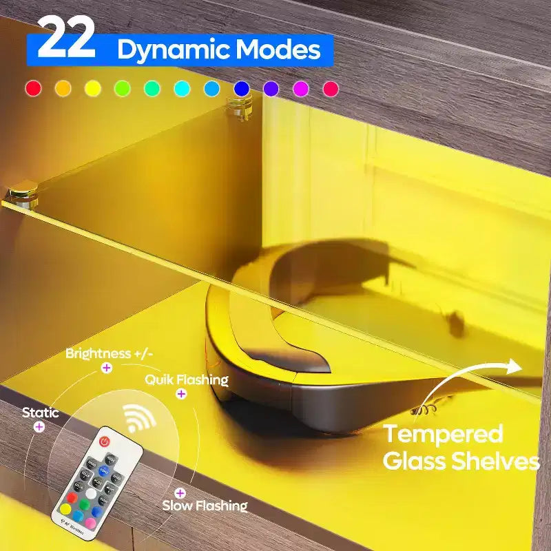 Meuble TV de jeu 55" avec lumières LED RGB et étagères en verre – Convient aux téléviseurs jusqu'à 65"