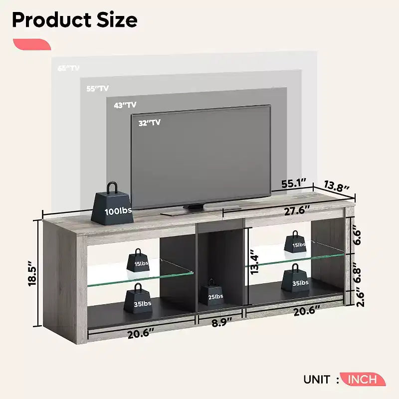Meuble TV de jeu 55" avec lumières LED RGB et étagères en verre – Convient aux téléviseurs jusqu'à 65"