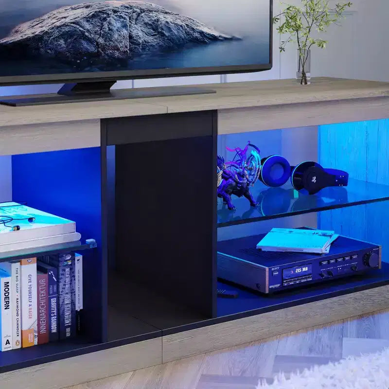 Meuble TV de jeu 55" avec lumières LED RGB et étagères en verre – Convient aux téléviseurs jusqu'à 65"