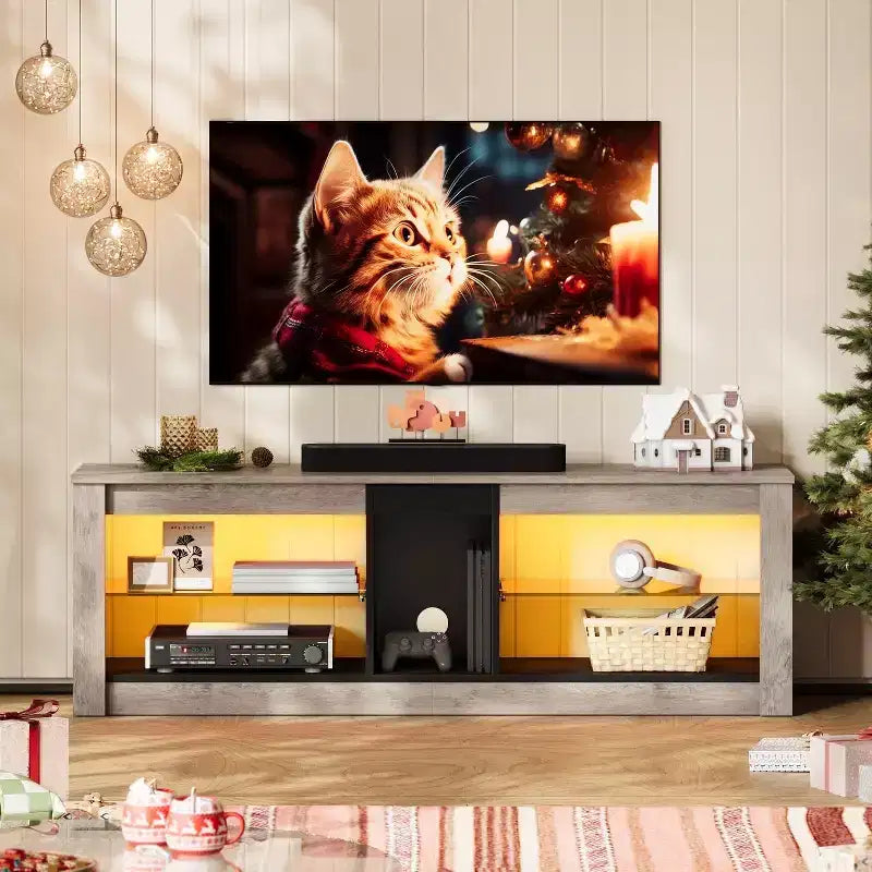 Meuble TV de jeu 55" avec lumières LED RGB et étagères en verre – Convient aux téléviseurs jusqu'à 65"