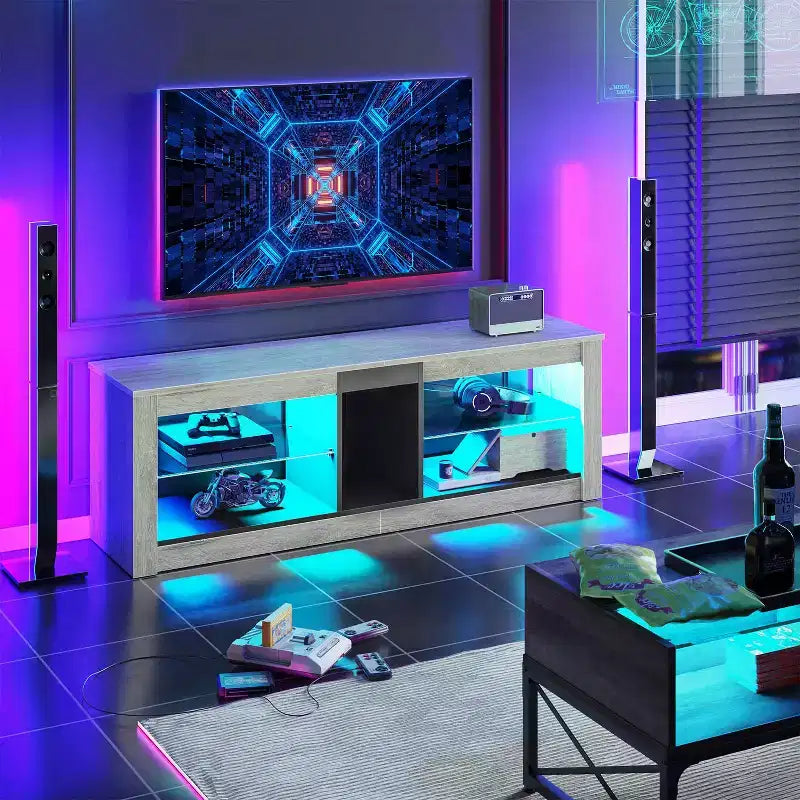 Meuble TV de jeu 55" avec lumières LED RGB et étagères en verre – Convient aux téléviseurs jusqu'à 65"
