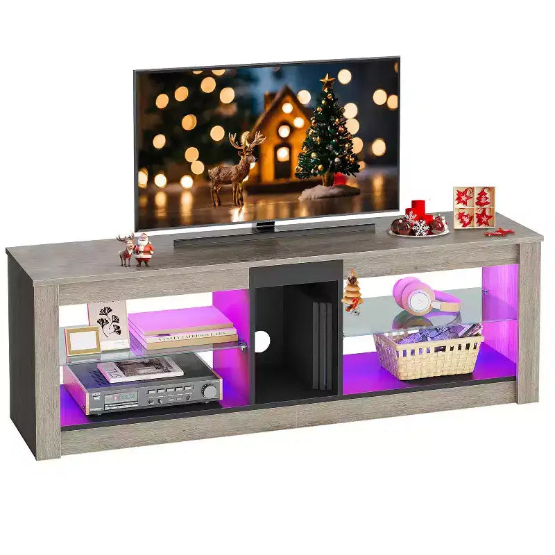 Meuble TV de jeu 55" avec lumières LED RGB et étagères en verre – Convient aux téléviseurs jusqu'à 65"