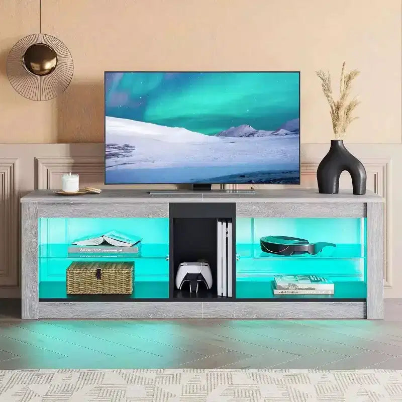 Meuble TV de jeu 55" avec lumières LED RGB et étagères en verre – Convient aux téléviseurs jusqu'à 65"
