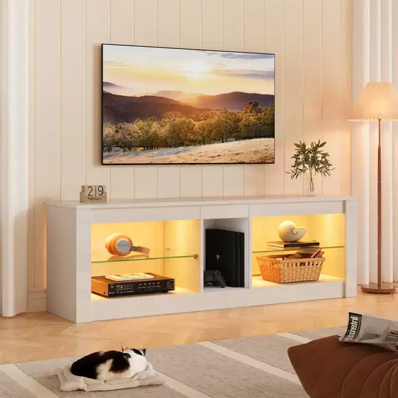 Meuble TV de jeu 55" avec lumières LED RGB et étagères en verre – Convient aux téléviseurs jusqu'à 65"