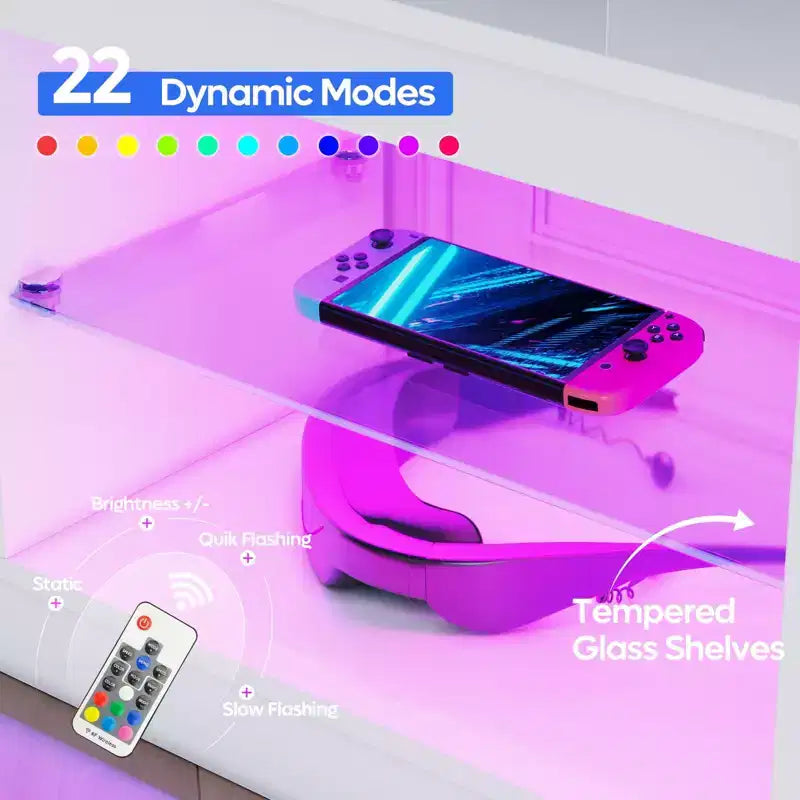 Meuble TV de jeu 55" avec lumières LED RGB et étagères en verre – Convient aux téléviseurs jusqu'à 65"
