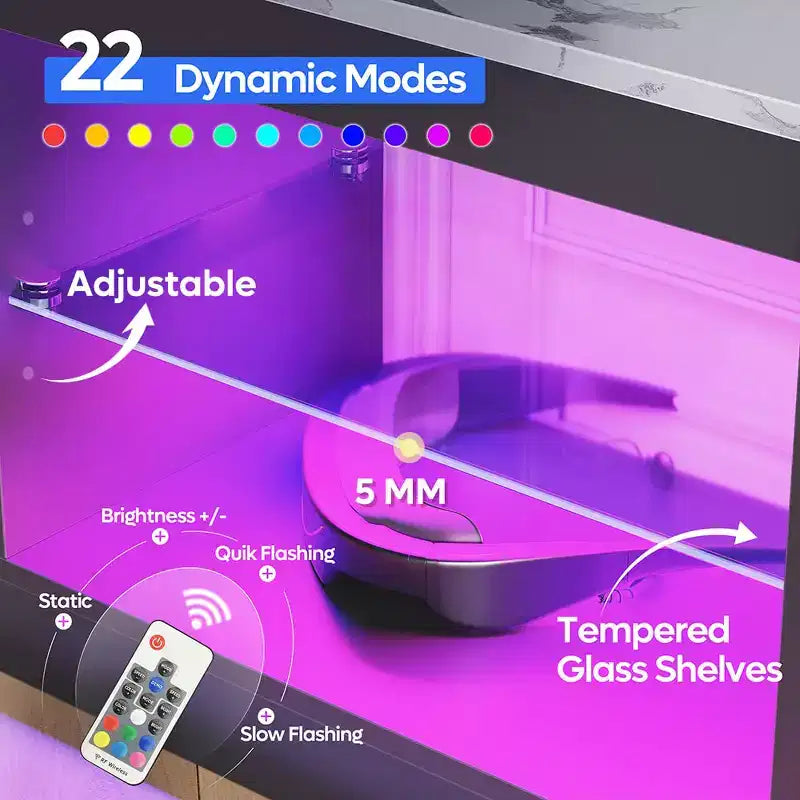 Meuble TV de jeu 55" avec lumières LED RGB et étagères en verre – Convient aux téléviseurs jusqu'à 65"