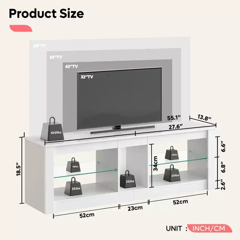 Meuble TV de jeu 55" avec lumières LED RGB et étagères en verre – Convient aux téléviseurs jusqu'à 65"