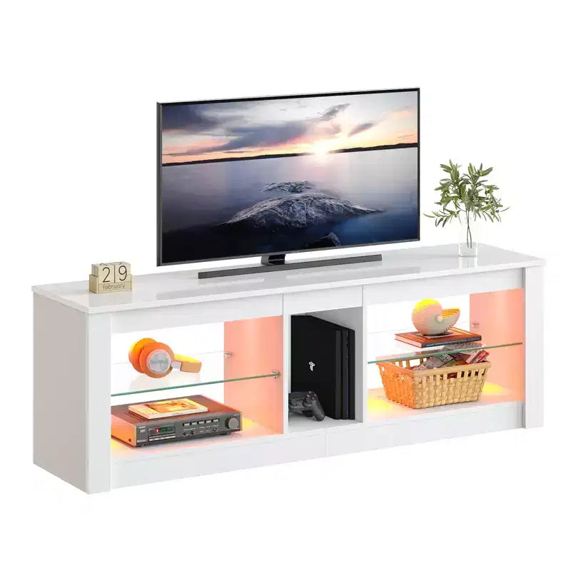 Meuble TV de jeu 55" avec lumières LED RGB et étagères en verre – Convient aux téléviseurs jusqu'à 65"