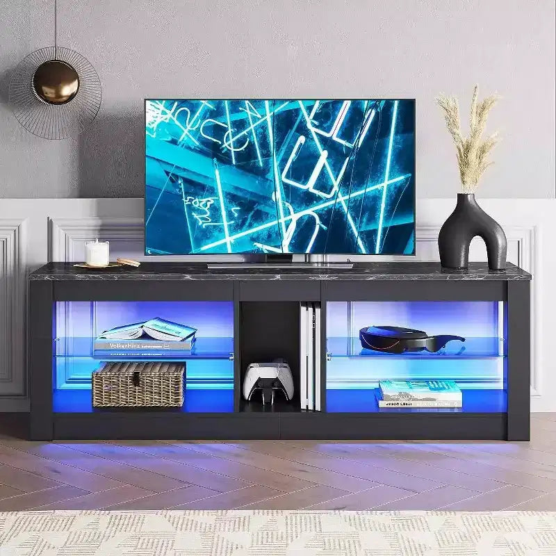 Meuble TV de jeu 55" avec lumières LED RGB et étagères en verre – Convient aux téléviseurs jusqu'à 65"