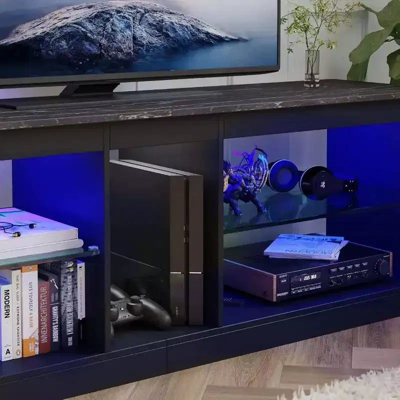 Meuble TV de jeu 55" avec lumières LED RGB et étagères en verre – Convient aux téléviseurs jusqu'à 65"