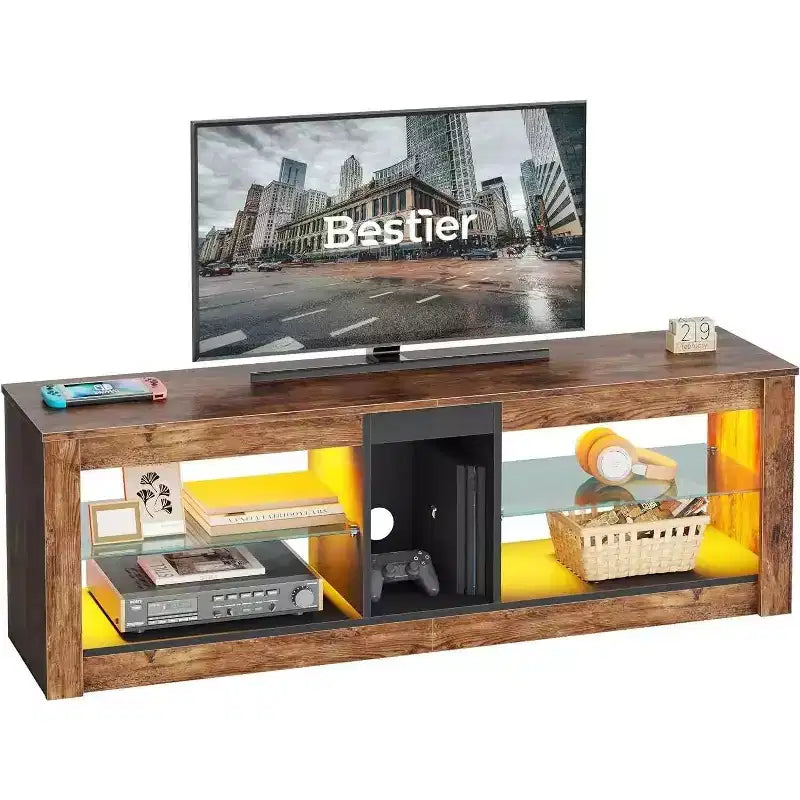 Meuble TV de jeu 55" avec lumières LED RGB et étagères en verre – Convient aux téléviseurs jusqu'à 65"