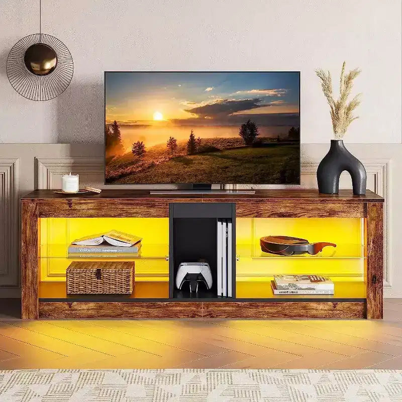 Meuble TV de jeu 55" avec lumières LED RGB et étagères en verre – Convient aux téléviseurs jusqu'à 65"