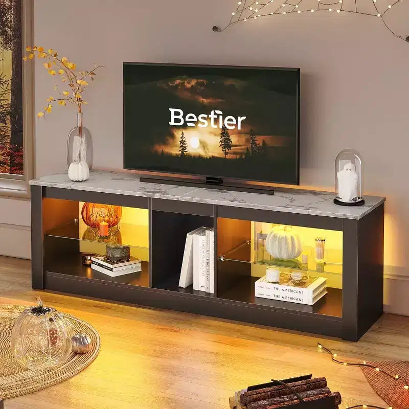 Meuble TV de jeu 55" avec lumières LED RGB et étagères en verre – Convient aux téléviseurs jusqu'à 65"