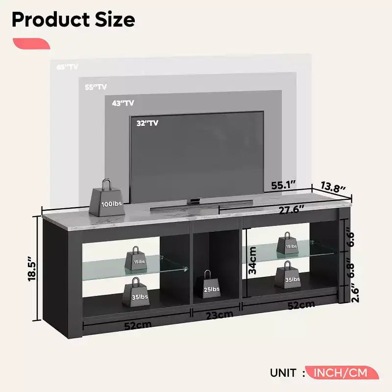 Meuble TV de jeu 55" avec lumières LED RGB et étagères en verre – Convient aux téléviseurs jusqu'à 65"