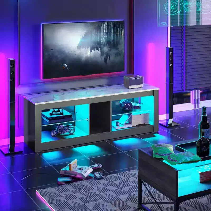 Meuble TV de jeu 55" avec lumières LED RGB et étagères en verre – Convient aux téléviseurs jusqu'à 65"