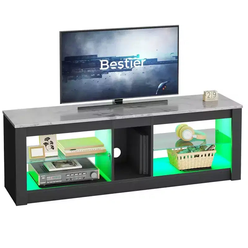 Meuble TV de jeu 55" avec lumières LED RGB et étagères en verre – Convient aux téléviseurs jusqu'à 65"