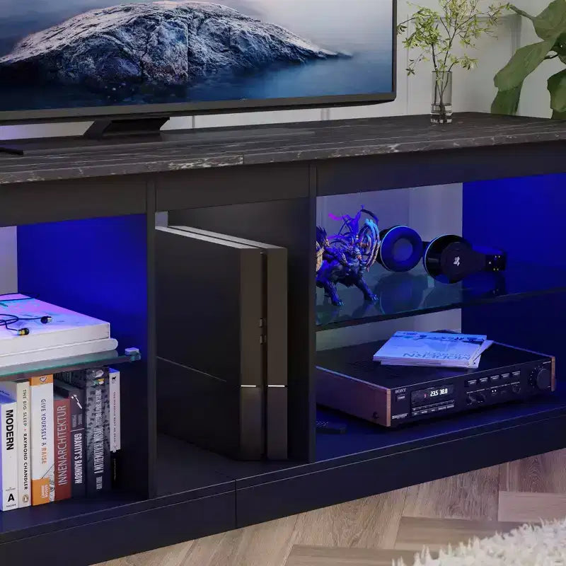 Meuble TV de jeu 55" avec lumières LED RGB et étagères en verre – Convient aux téléviseurs jusqu'à 65"