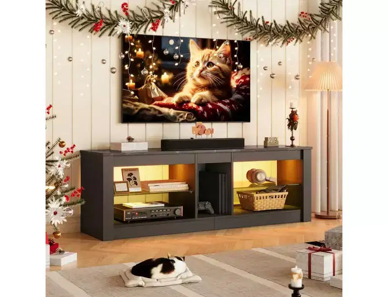 Meuble TV de jeu 55" avec lumières LED RGB et étagères en verre – Convient aux téléviseurs jusqu'à 65"