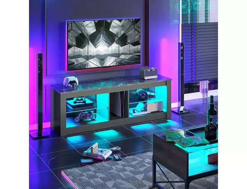 Meuble TV de jeu 55" avec lumières LED RGB et étagères en verre – Convient aux téléviseurs jusqu'à 65"