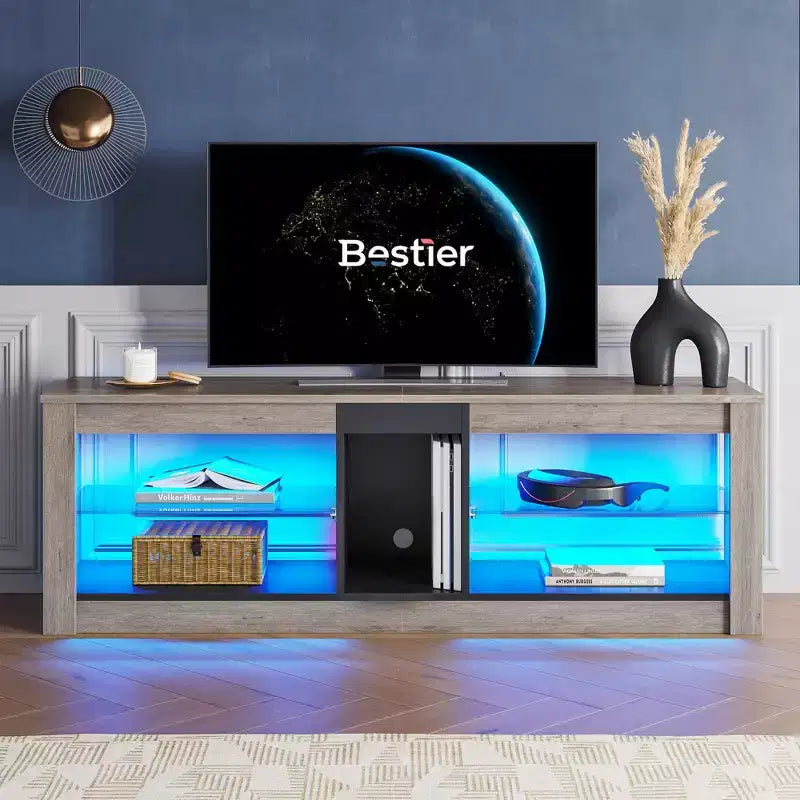 Meuble TV de jeu 55" avec lumières LED RGB et étagères en verre – Convient aux téléviseurs jusqu'à 65"