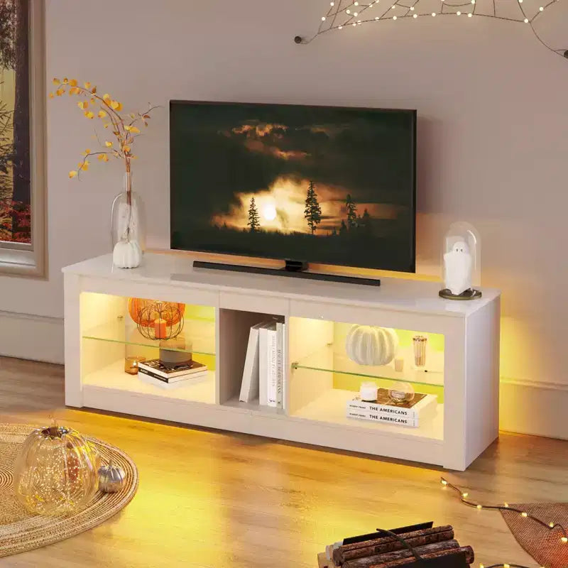 Meuble TV de jeu 55" avec lumières LED RGB et étagères en verre – Convient aux téléviseurs jusqu'à 65"