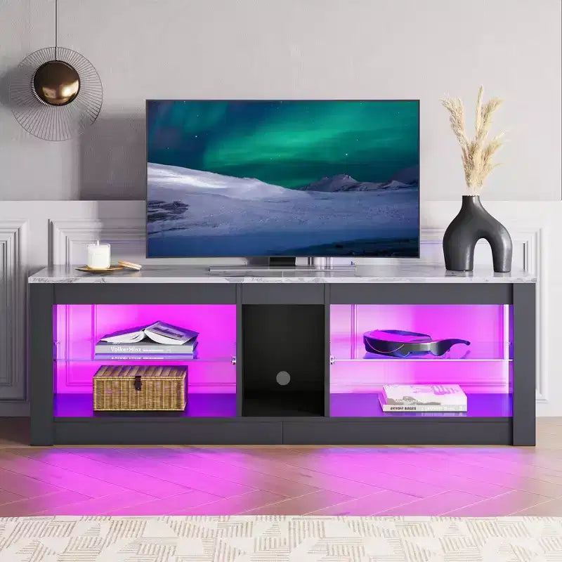 Meuble TV de jeu 55" avec lumières LED RGB et étagères en verre – Convient aux téléviseurs jusqu'à 65"