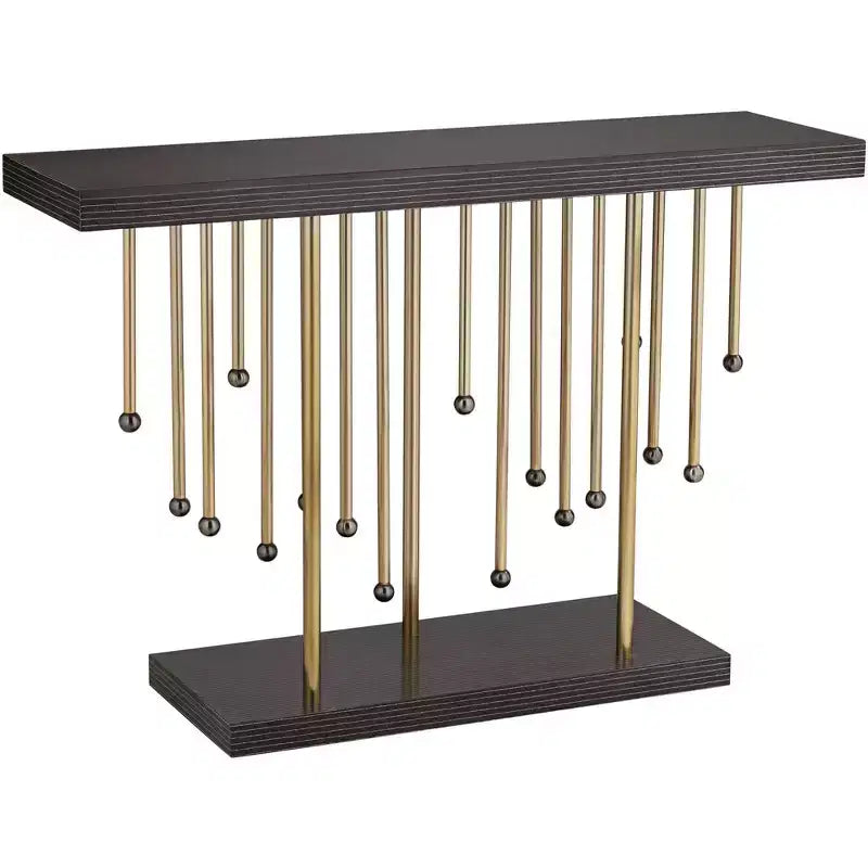 55 Downing Street Rain Modern Gold Rectangular Console Table 48 x 13 3/4 Raindrop Strands Hanging Black Tabletop for Living Room