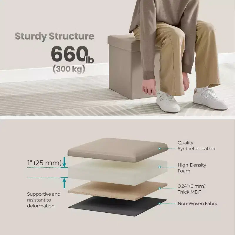 15 Pouf Ottomans de Rangement, Repose-Pieds Pliant, Banc Ottoman de Rangement, Coffre de Rangement Cube Capacité de Charge 300 kg