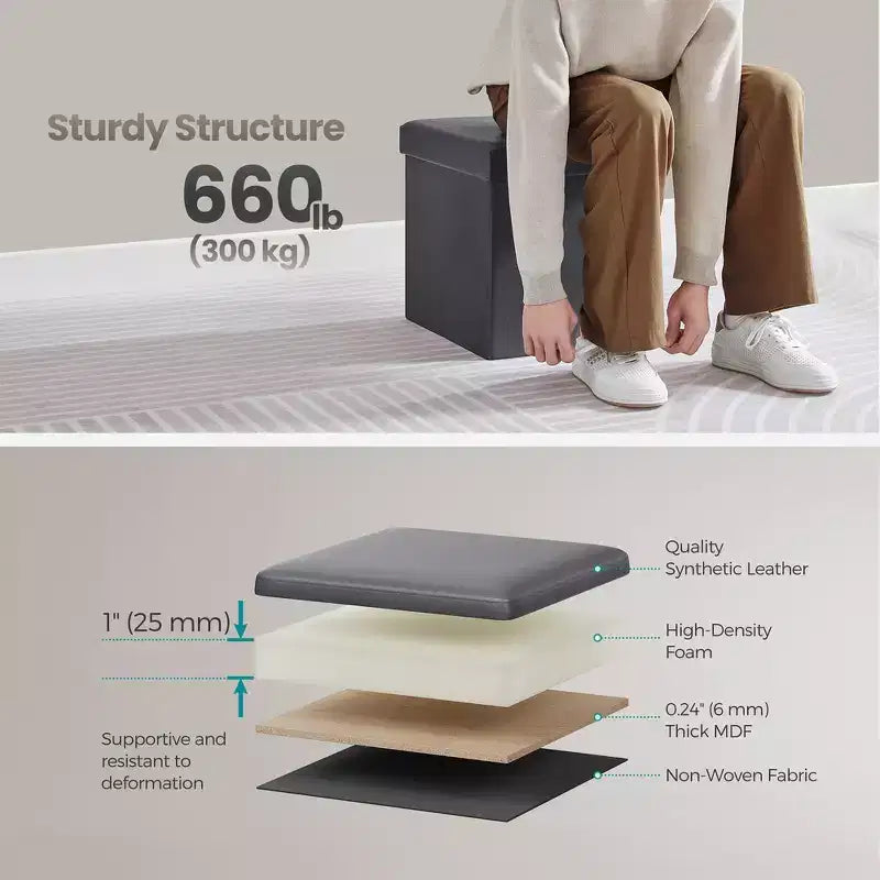 15 Pouf Ottomans de Rangement, Repose-Pieds Pliant, Banc Ottoman de Rangement, Coffre de Rangement Cube Capacité de Charge 300 kg