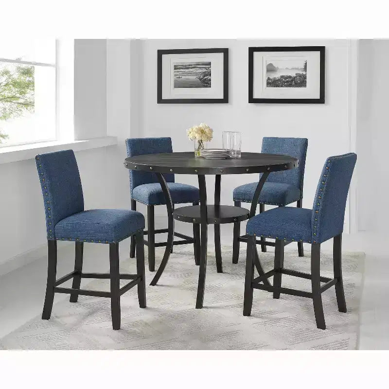 Table de salle à manger ronde à hauteur de comptoir en bois expresso avec clous décoratifs – 48 po de diamètre